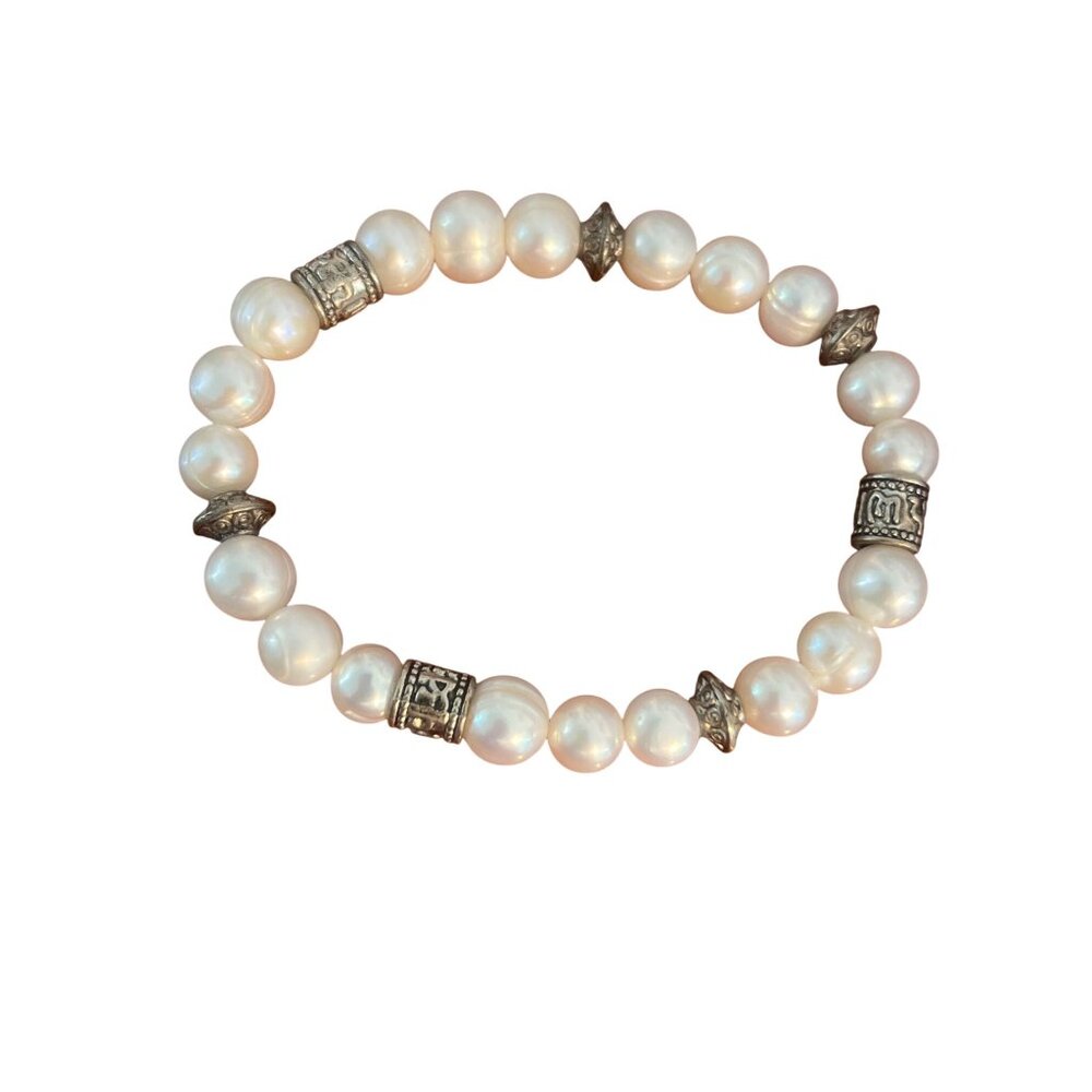 Vintage Freshwater Pearl Silver Tone Stretch Bracelet Stack Layer Estate 6.5"